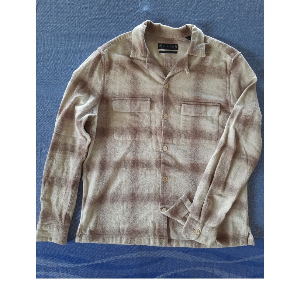 AllSaints Knoll LS Flannel‎ Shirt Men Large Brown Plaid Organic Cotton Relax Fit
